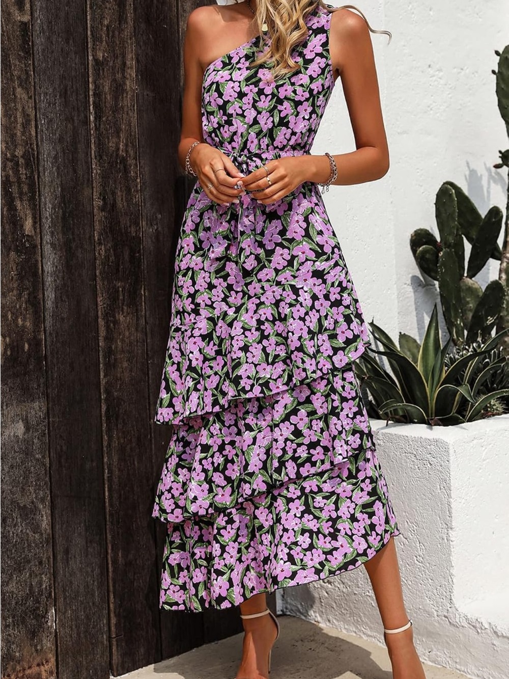 Pretty garden One-Shoulder Purple Floral Tiered Maxi Dress